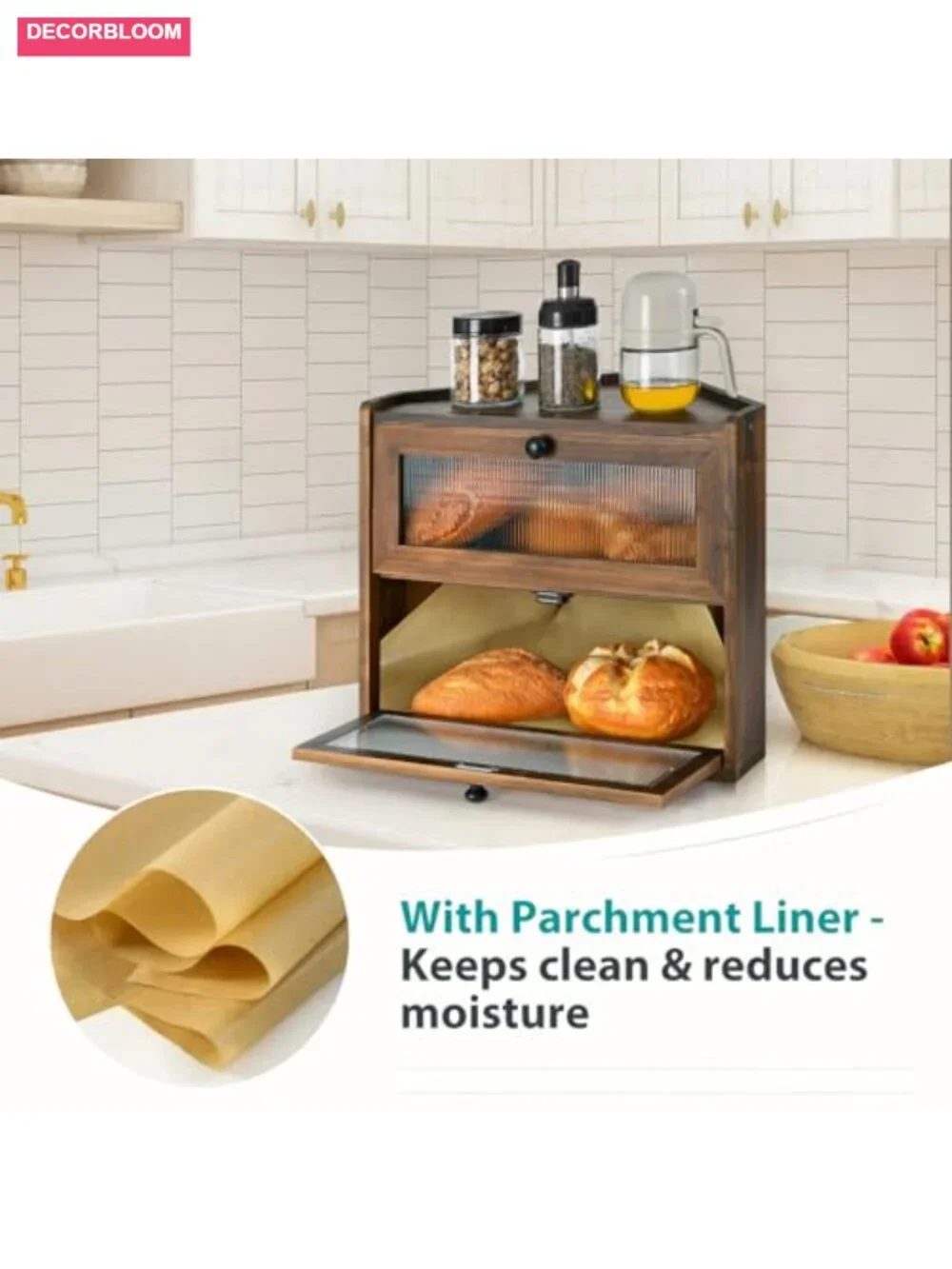 Large 2-Tier Wooden Bread Box with Acrylic Window for Kitchen Countertop Corner